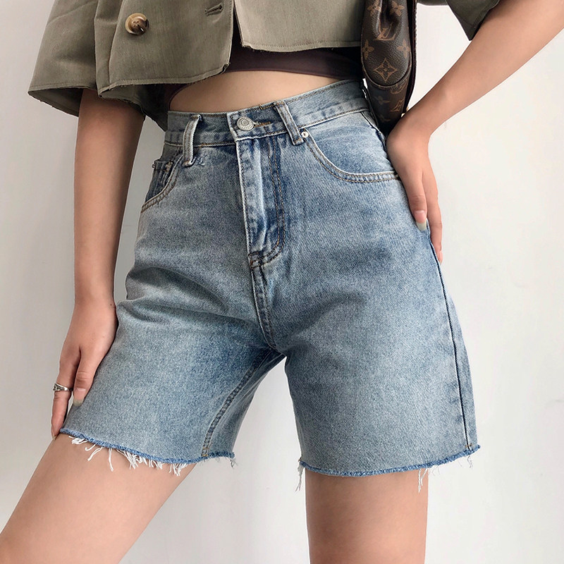 YoungGirlDay European and American style Kendou Hyuna same high-waisted thin raw edge five-point jeans