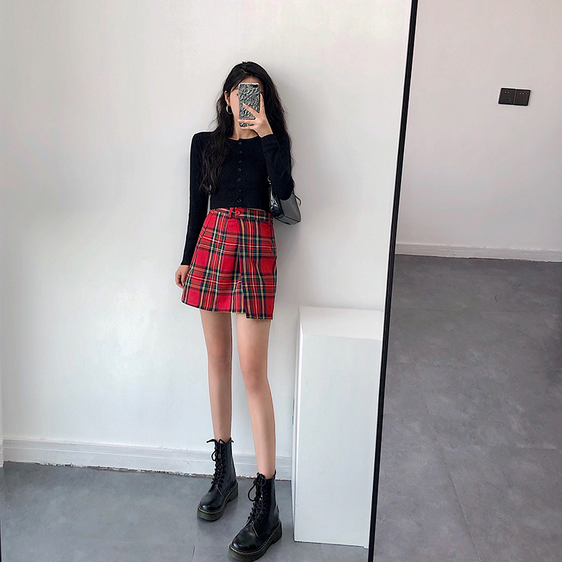 YoungGirlDay European and American style retro red and green plaid half body hip skirt high waist one piece short skirt