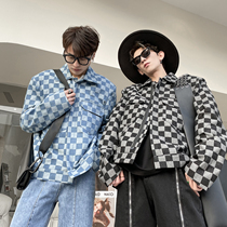 2022 new ins net red chessboard lattice short padded shoulder jacket Male uppie Shoulder Trends Casual Denim Jacket
