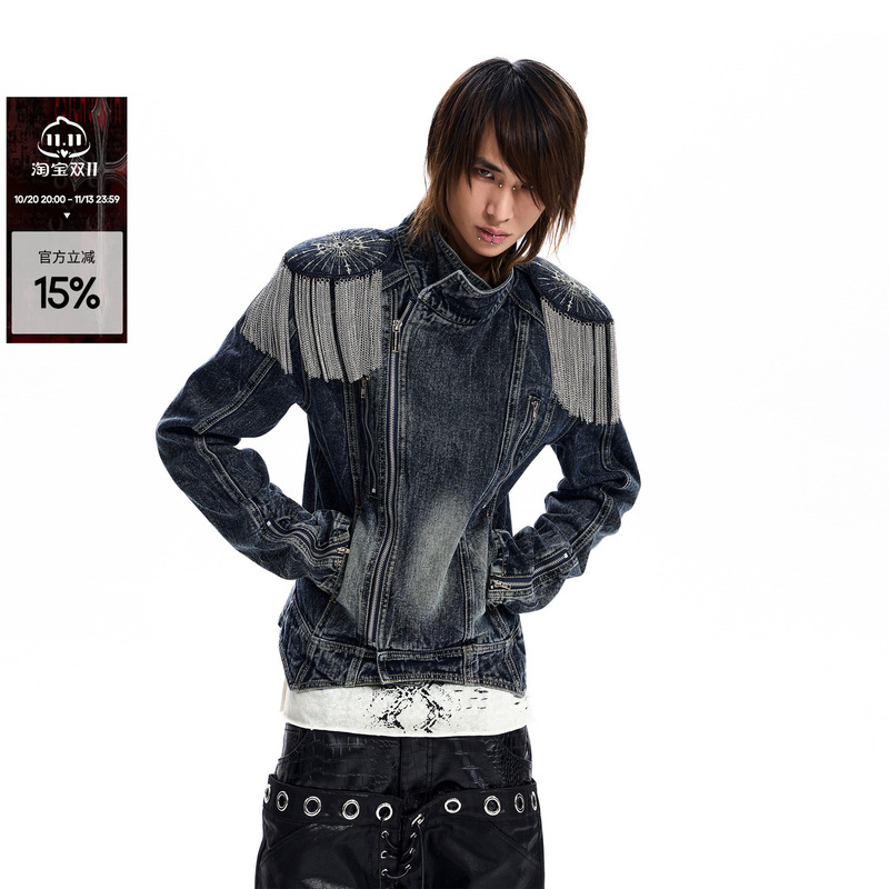 See·Metal Tassel Epaulette Short Denim Jacket for Men, New Style, Palace Style, Washed and Distressed, Diagonal Zipper Jacket