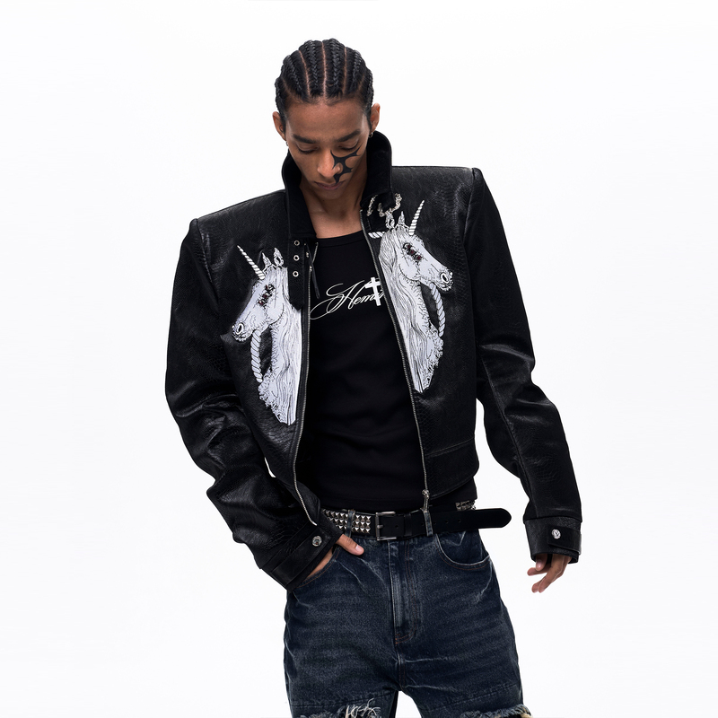 See Fantasy Beast Sympathy·Unicorn Embroidered Stand Collar Leather Jacket for Men 2026 Spring New Men's Leather Jacket