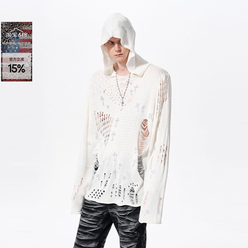 See Hollow-Out Distressed Hooded Knit Sweater for Men, Spring Thin Style, Visual Style, Loose Fit, Cross Rhinestone Sweater for Men See Hollow-Out Distressed Hooded Knit Sweater for Men, Spring Thin Style, Visual Style, Loose Fit, Cross Rhinestone Sweater for Men