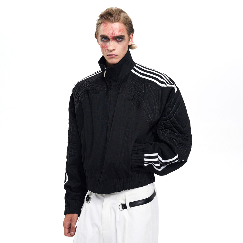 Startexceedend Four-Stripe Black Raw Leather Jacket for Men Early Autumn Patchwork Stand Collar Cardigan Top Startexceedend Four-Stripe Black Raw Leather Jacket for Men Early Autumn Patchwork Stand Collar Cardigan Top
