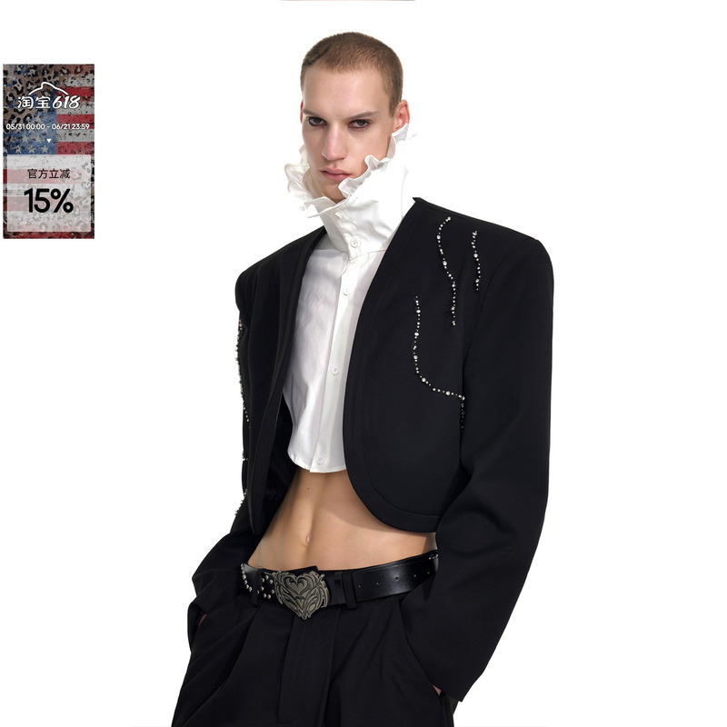 Startexceedend Black Rhinestone Short Blazer for Men, Autumn Men's Collarless Shoulder-Padded Suit Startexceedend Black Rhinestone Short Blazer for Men, Autumn Men's Collarless Shoulder-Padded Suit