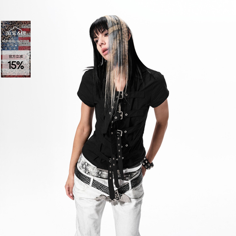 See Dark Style V-Neck Lace-Up Shirt for Women, Summer Light Cyberpunk Style Black Slim-Fit Short-Sleeve Shirt for Girls See Dark Style V-Neck Lace-Up Shirt for Women, Summer Light Cyberpunk Style Black Slim-Fit Short-Sleeve Shirt for Girls