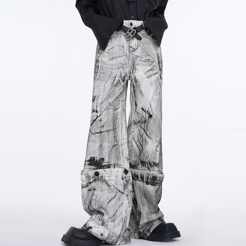 Dirty Jeans for Men, American High Street Style, White Graffiti, Detachable Design, Niche Straight-Leg Wide-Leg Trousers Dirty Jeans for Men, American High Street Style, White Graffiti, Detachable Design, Niche Straight-Leg Wide-Leg Trousers