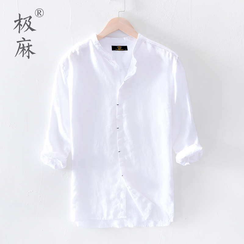 Extremely Hemp Day Series 70% Middle Sleeve Casual Linen Shirt Men's Small Clear New Upright Collar Large Size Loose Cotton Linen Shirt