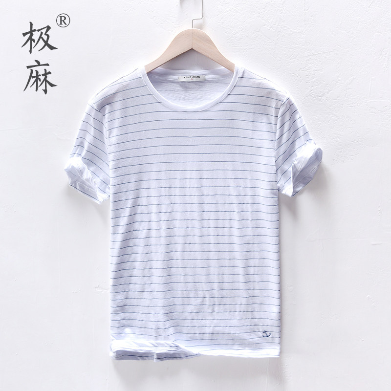 Extremely Hemp collar short sleeves Bamboo Festival Cotton T-shirt Men Casual Streaks Youth Art Loose Half Sleeve Pure Cotton T-shirt