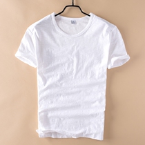Basic round neck bamboo cotton T-shirt mens casual thin white slim soft Japanese cotton mens T-shirt