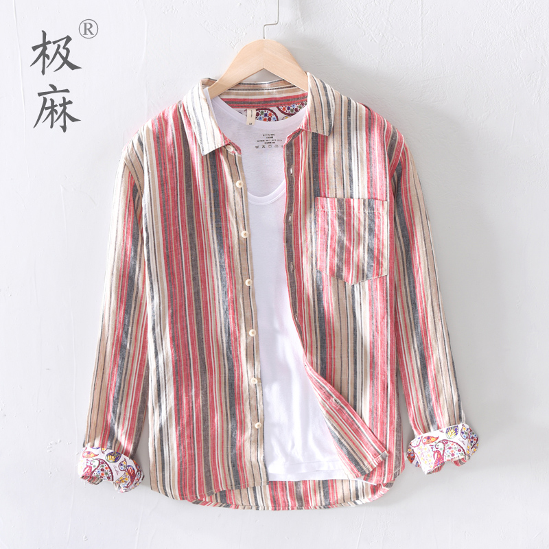 Extremely Hemp Collared Striped Long Sleeve Linen Shirt Men's Day Ensemble Casual Thin Youth Art Loose Cotton Linen Shirt