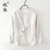 Chinese style buckle collar long sleeve linen shirt mens casual youth literary loose cotton linen shirt