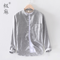 Very hemp yarn-dyed stand-up collar long-sleeved cotton and linen shirt mens casual large size youth literary thin loose linen shirt