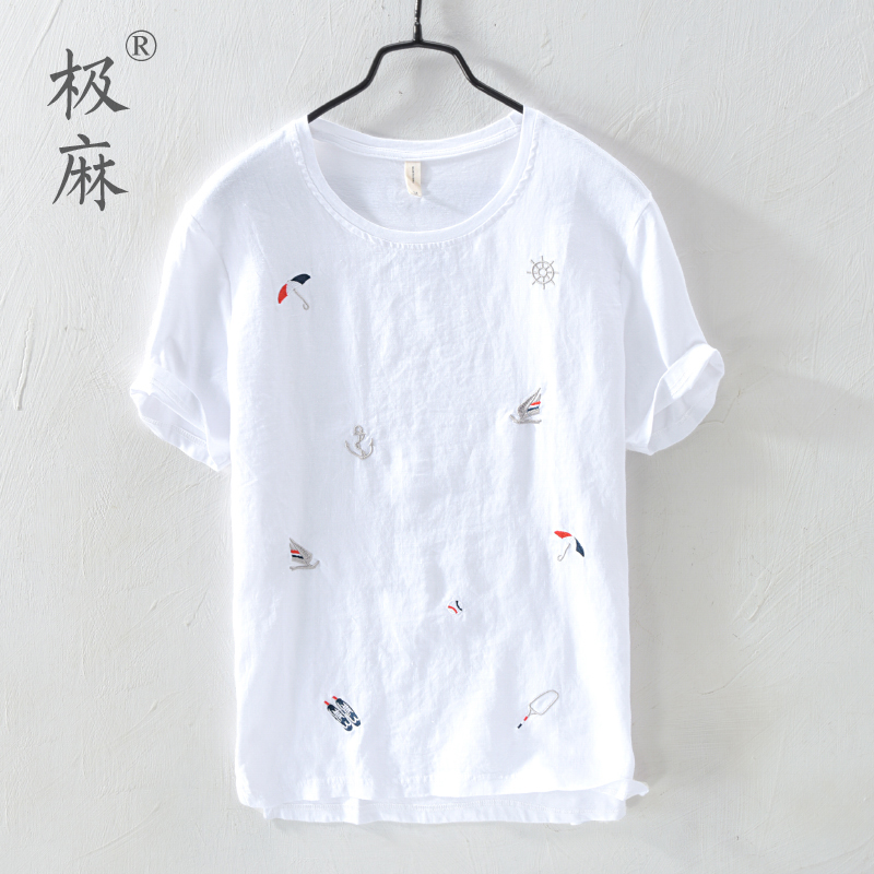 Cartoon Embroidered Round Neckline Linen Short Sleeve T-shirt Men Casual Thin style Slim Fit Childhood Splicing Cotton Linen T-Shirt Tide