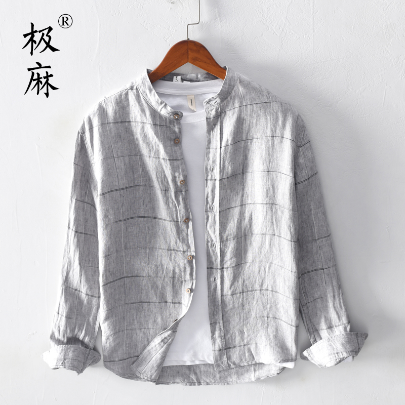 Extremely hemp retro plaid stand collar autumn long-sleeved linen shirt men's large size casual loose cotton and linen shirt jacket