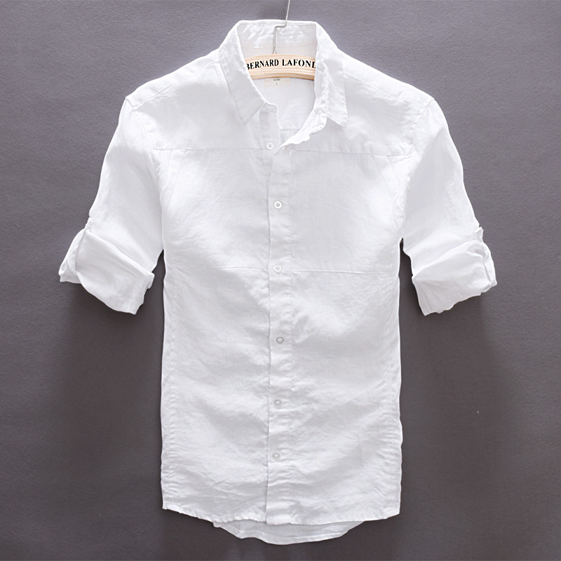 Summer sun protection white fresh and small flap long sleeve pure linen shirt for men casual workout cotton linen shirt for men