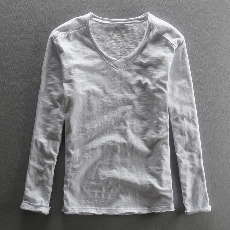 Spring Summer Beating Bottom Minimalist V Collar Long Sleeve Bamboo Festival Cotton T-shirt Men Casual Make Old Wool Side Pure Cotton Male T-Shirt Blouse