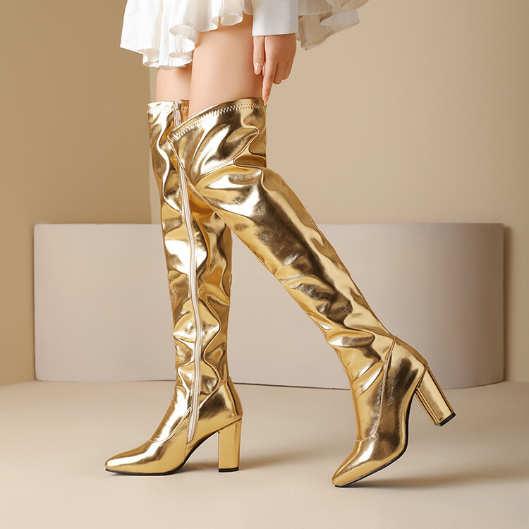 32-46 Thick Heel High Heel Zipper Over-The-Knee Boots for Women, Gold and Silver Boots, Long Boots for Catwalk Stage Performance, Large Size