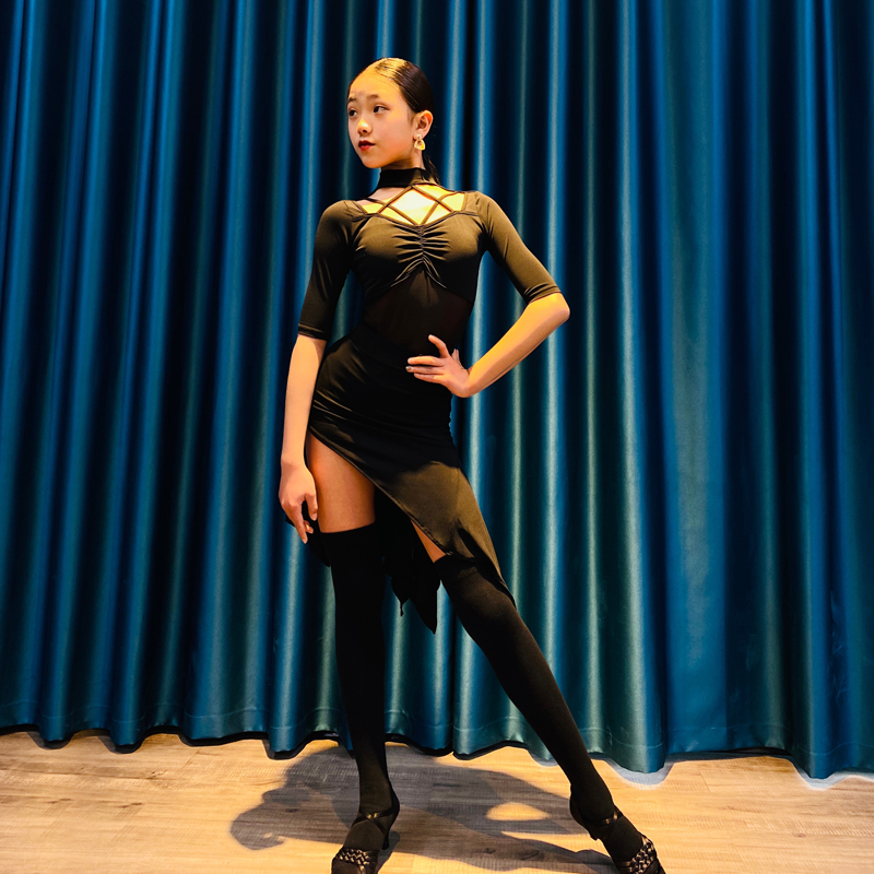 Connie Latin Dance Suit Children Professional Competition Training Clothing Web Yarn Tiblouse Blouse Dancing Half Body Dress