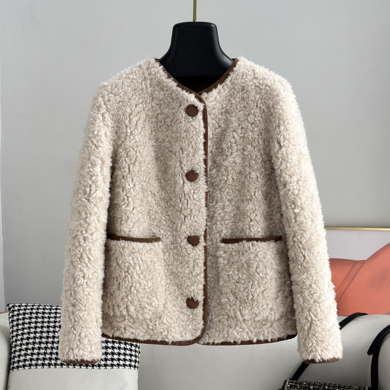 High-End Trimmed Fur Coat for Women, Short Style, Winter Lamb Wool, Pure Wool Fur Integrated, Warm Sheep Shearling Coat