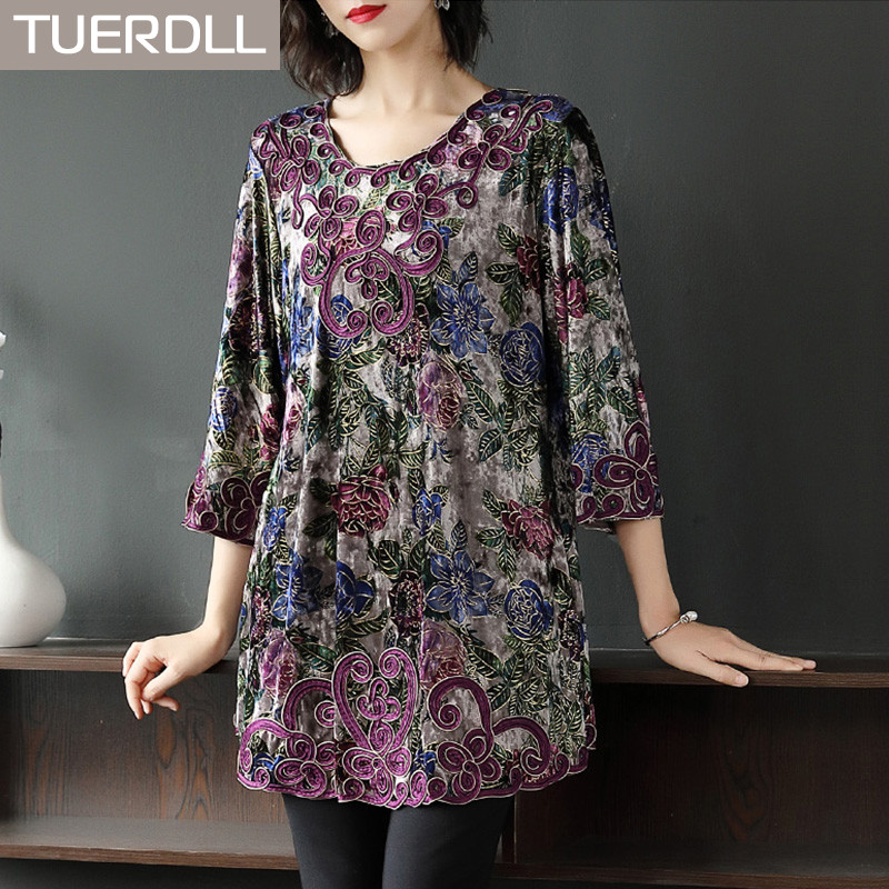 Mother Spring Clothing Blouses Plus Fat Increase Middle Aged Women's Clothing Gold Velvet Disc Flowers Middle-aged Foreign Pie Loose Medium Long T-Shirt