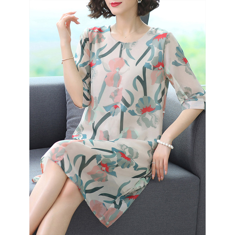 Mom summer dress noble middle - aged 40 - year - old woman 50 Yang Pi Chip middle - aged age cut over knee fashion dress