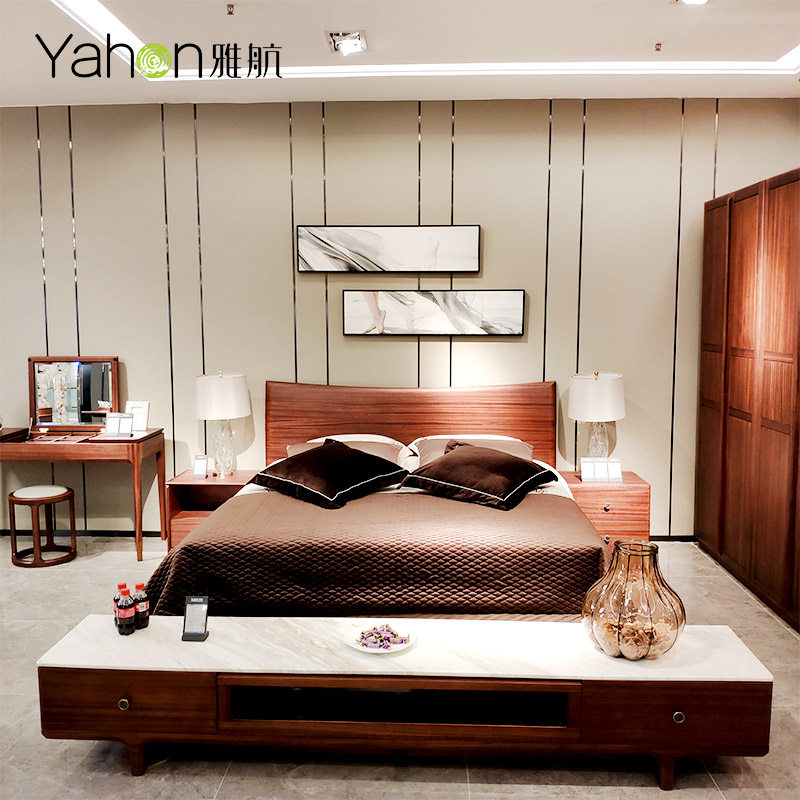 Yahang solid wood furniture modern Chinese minimalist gold silk sandalwood (short cover bean) bedroom three-piece set 2005