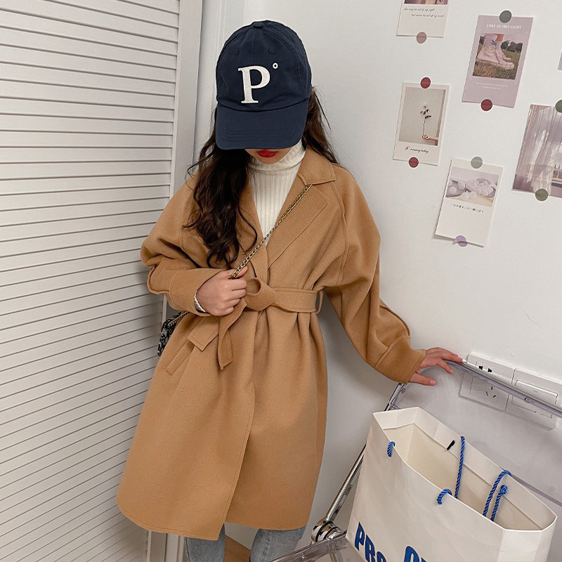 Girl's autumn winter medium long version coat 2022 new Korean version CUHK Scout red trendy girl Double face cashmere Grand coat