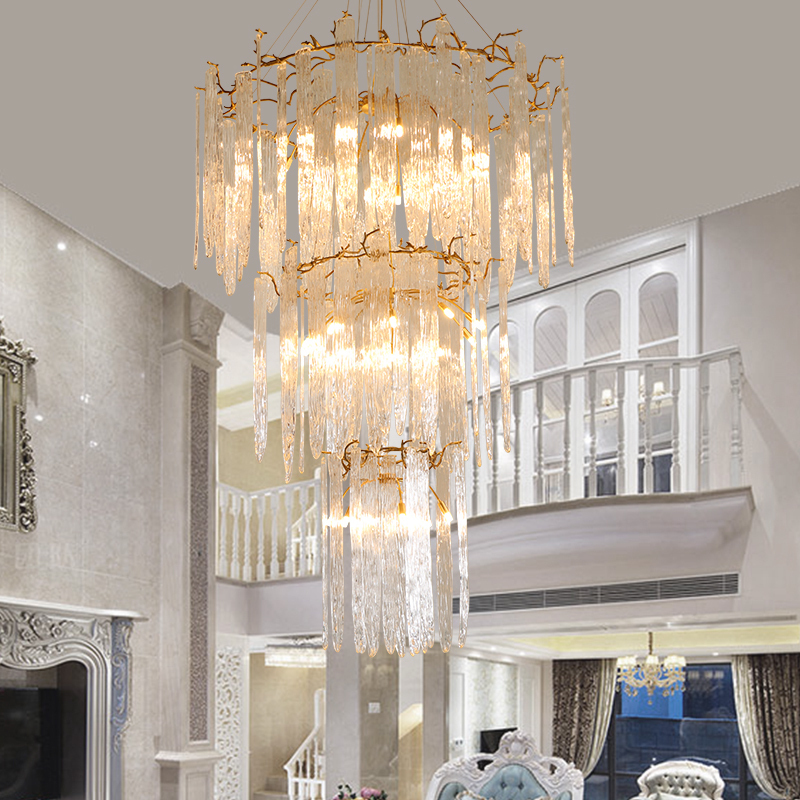 Postmodern full copper designer hotel engineering clubhouse stairs light extravagant branches living room dining hall long crystal sheet chandeliers