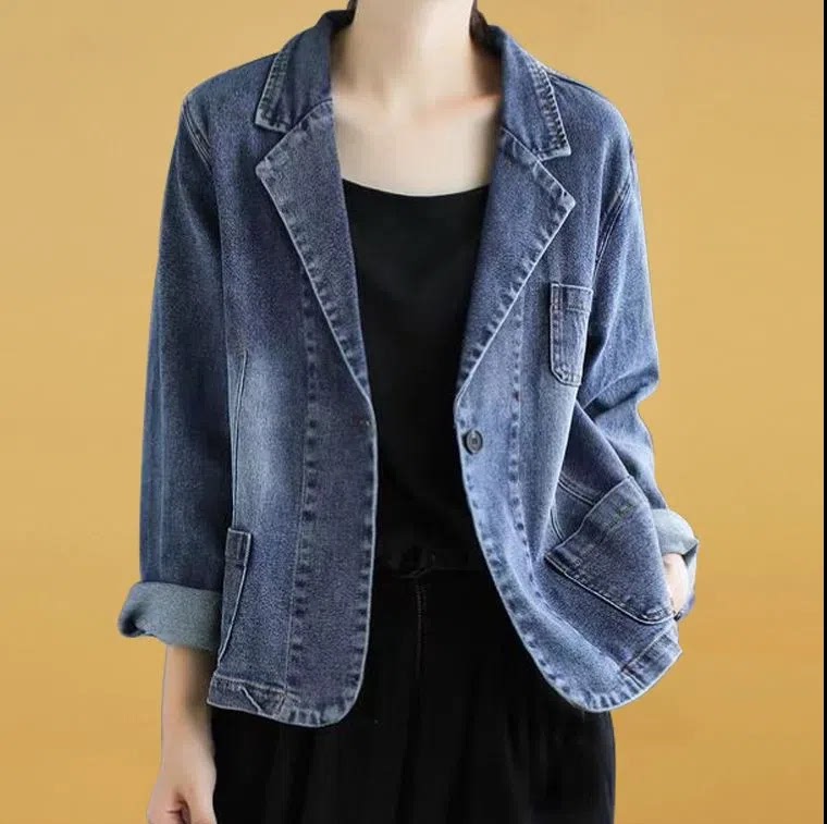 2025 Spring and Autumn New Style Plus Size Loose Slimming Denim Blazer Women's Short Elegant Denim Jacket Suit Top 2025 Spring and Autumn New Style Plus Size Loose Slimming Denim Blazer Women's Short Elegant Denim Jacket Suit Top