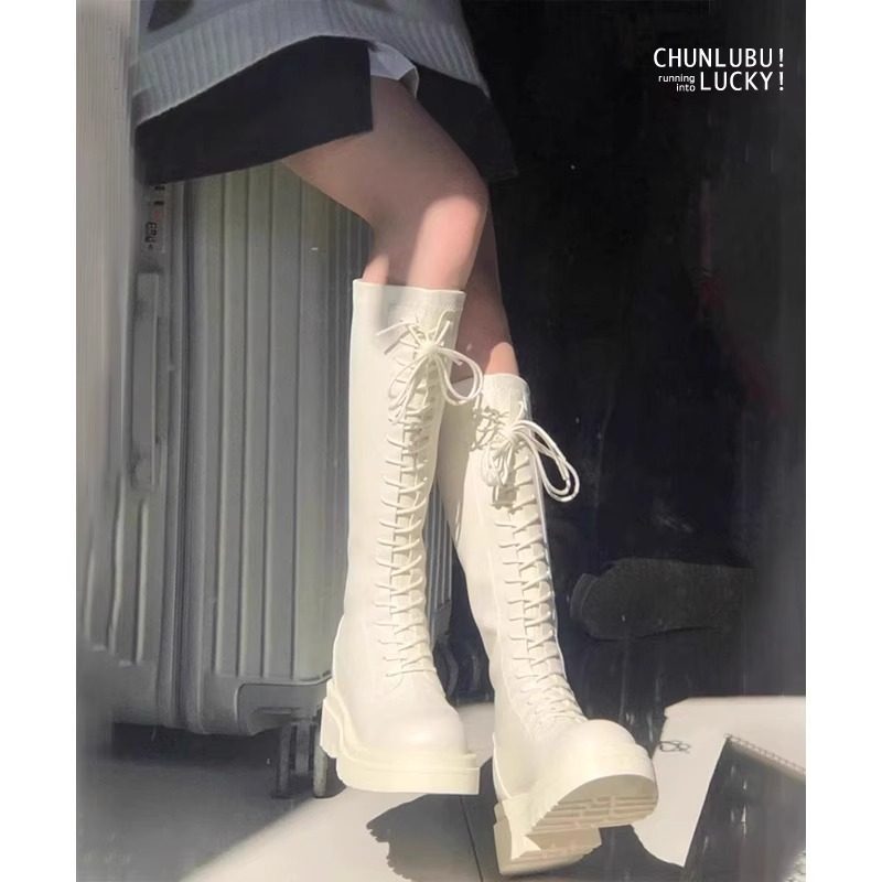 Белые рыцарские сапоги женские на толстой подошве, увеличивающие рост осенью и зимой, плюс бархатные ремешки 2025 года, длинные сапоги из натуральной кожи, высокие сапоги
