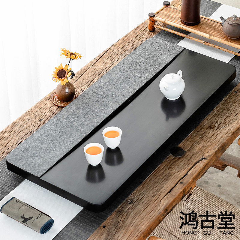 Natural whole block black stone tea tray household simple stone tea sea large black gold stone tea table Japanese-style tea set
