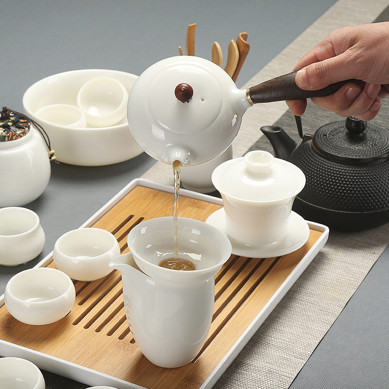 Mutton Jade Kung Fu Tea Set Household Ceramic Teapot White Porcelain Cover Bowl Tea Cup Gift Boxed Gift
