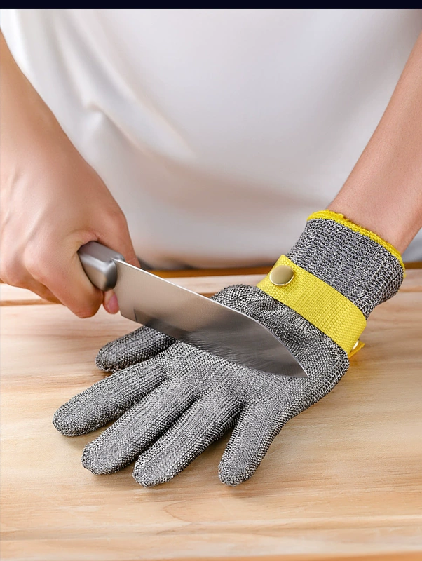Găng tay dây thép chống đứt cắt năm ngón inox cắt thịt giết cá bắt cua mở hàu chống cắt chống trói sắt kim loại găng tay đen vải