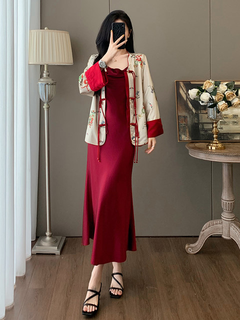 Fashionable New Chinese Style National Style Button-Up Retro Printed Top Women's Suit Elegant Lady Suspender Dress Two-Piece Set