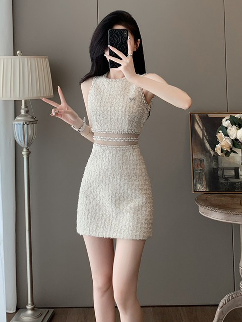 Summer Socialite Elegant French Light Luxury Sleeveless Dress with Exposed Waist, Sexy Little Chanel-Style Dress for Women with a High-End Feel
