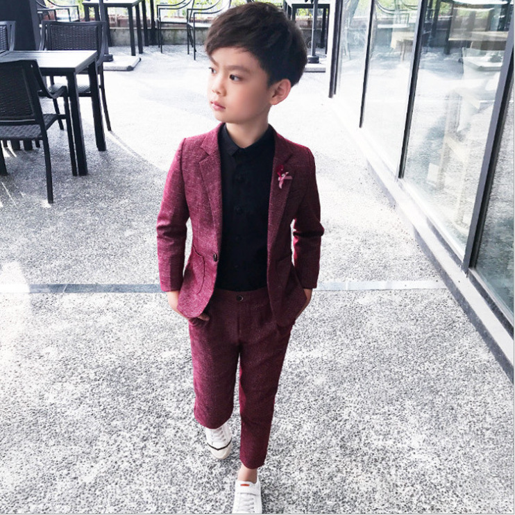 Spring Summer Dress Boy West Suit Flowers Children Wine Red Suit 90% Pants Piano Performance Suit Host Three Sets