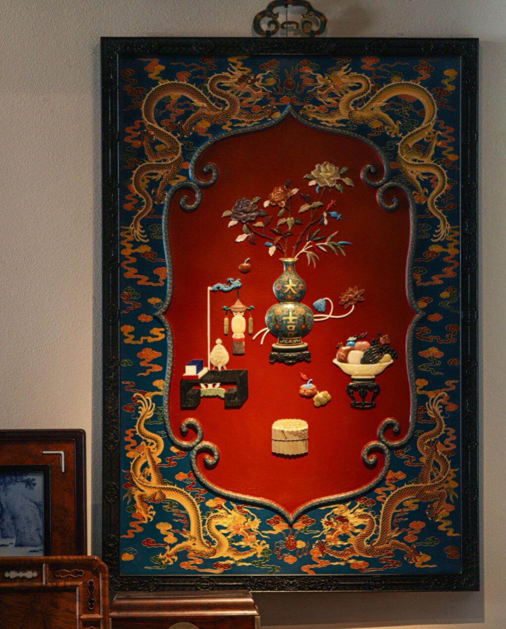 中国家具　鳥と花の彫刻付き 大珍品・檀木製・百寶嵌・花鳥紋・插屏』・置物・古賞物 ・中国