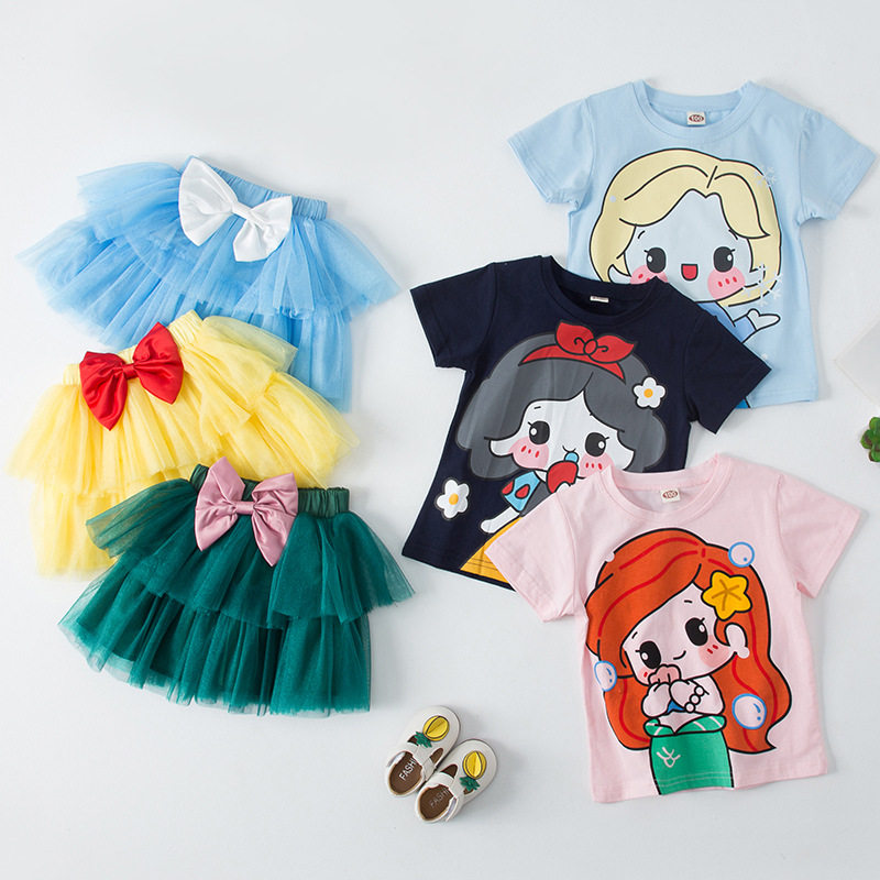 Summer Cartoon Love Salsa T-shirt Dress Girl Mesh Veil White Snow Princess Skirt Baby Short Sleeve Pure Cotton Two-piece Set