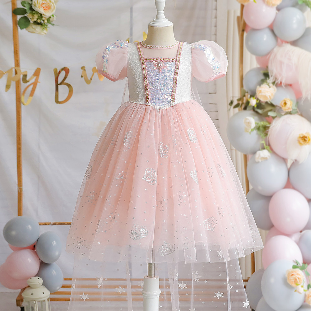 Princess Aisha Skirt Girl Pink Mesh Yarn Dresses Children High-end Bubble Sleeves Birthday Gown Dress Foreign Pie summer dress Long dress