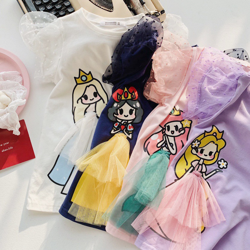 Summer cute puff sleeves cartoon princess skirt girls printing three-dimensional mesh T-shirt skirt baby cotton dress