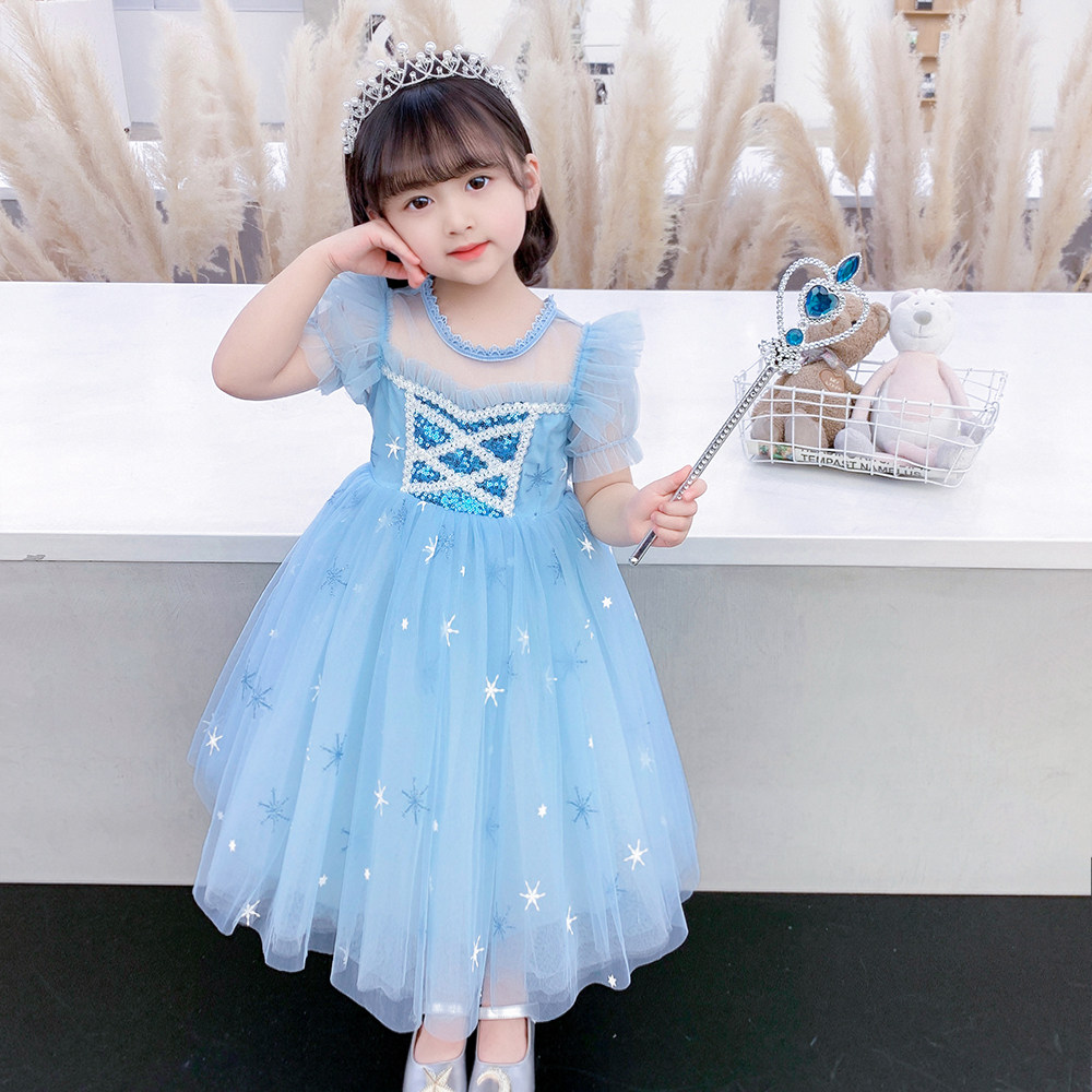 Aisha princess dress girl Xia Chao Xianyang style high-end one-piece dress Frozen children's short-sleeved fluffy dress
