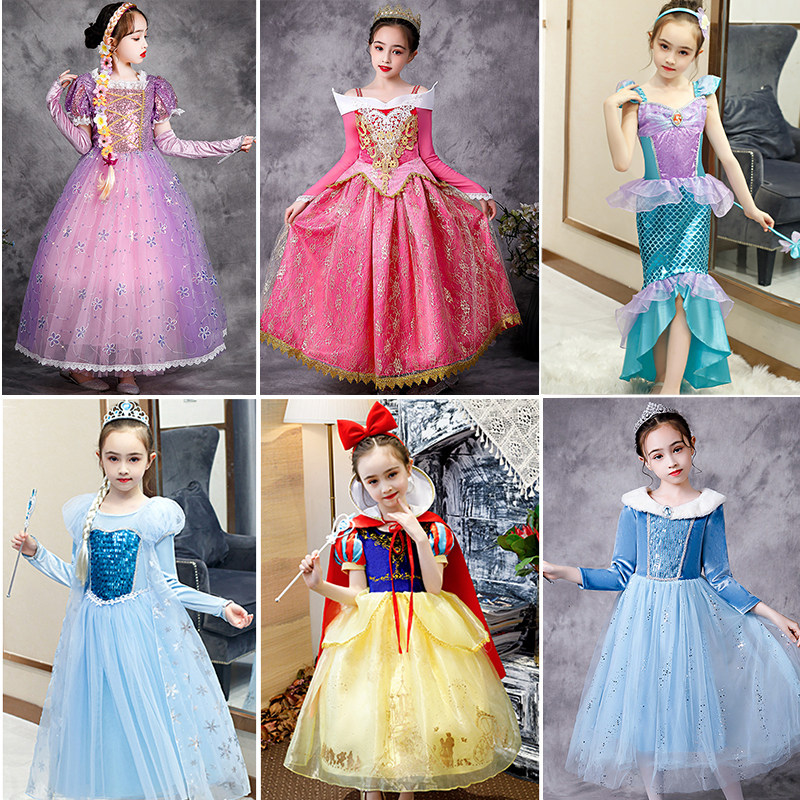 Spring and Autumn Girls Aisha Dress Frozen Cinderella Mermaid Children Snow White Dress Summer