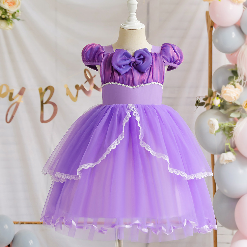 Small Princess Sofia Ocean Dress Children's Birthday Gown Girls Long Hair Princess Dresses Summer Foreign Pie Bow Tie Dress