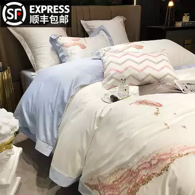 Light luxury style 100 cotton cotton four-piece high-end Xinjiang long-staple cotton tribute satin embroidery bed sheets quilt cover bedding 4