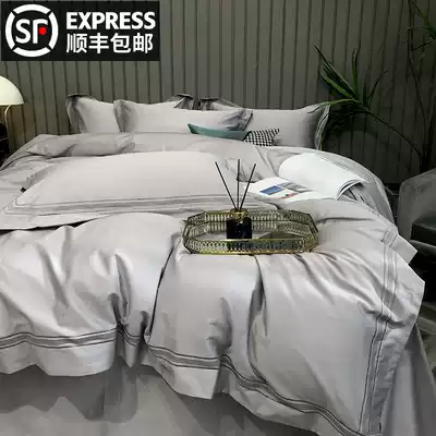 High-end light luxury style cotton cotton four-piece 120 long-staple cotton tribute satin simple nude sleeping sheets quilt cover bedding 4
