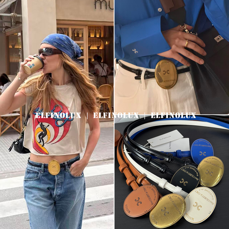 Elfinolux Liu Shishi's Same Style! 26S Metal Shield Belt 1.5cm Narrow Version Badge Waist Belt Elfinolux Liu Shishi's Same Style! 26S Metal Shield Belt 1.5cm Narrow Version Badge Waist Belt