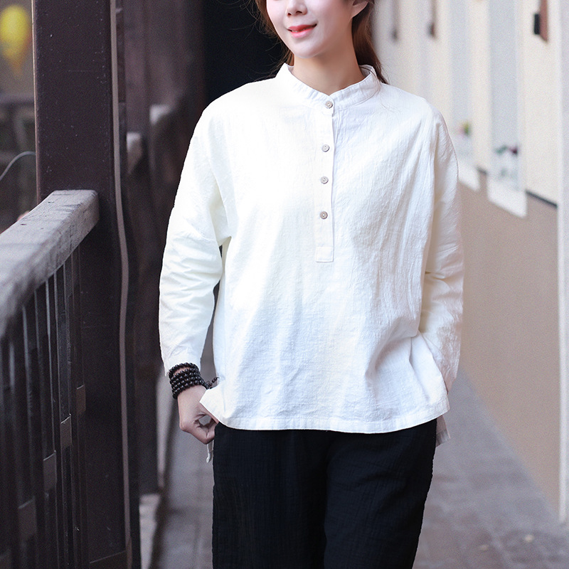 New spring original cotton and linen Women's Literary Women's loose collar cotton shirt Women's inner shirt
