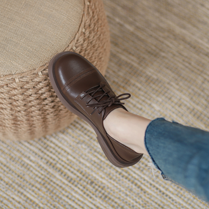 Small leather shoes women 2022 Spring new Inn wind flat leather Leather Lacing Single Shoes Round Head 100 Hitch Bottom Shoes
