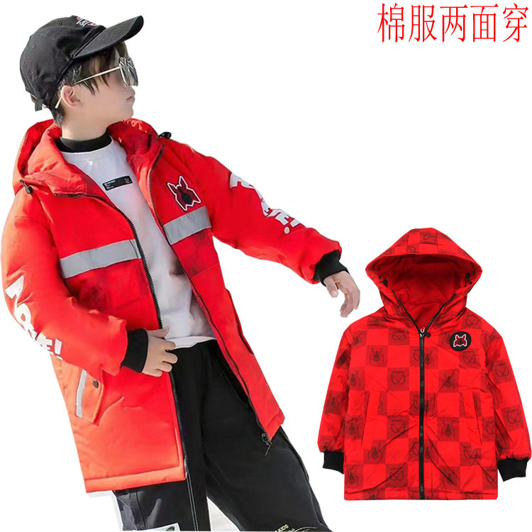 Boys' mid-length cotton coat with reflective strips and hooded children's thickened double-sided cotton jacket winter children's clothing 2021 coat