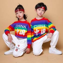 Pure cotton parent-child long-sleeved rainbow striped sweatshirt autumn and winter student class uniform thickened performance school sports meeting family top